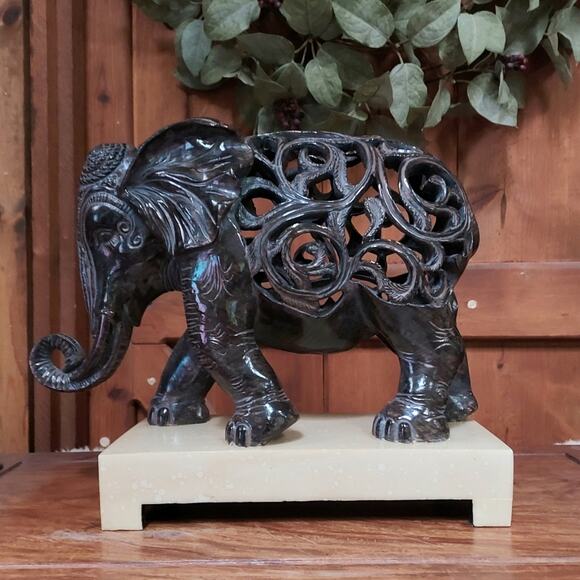 Large Carved Alabaster Elephant on stand Carolyn Kinder Collection sculpture